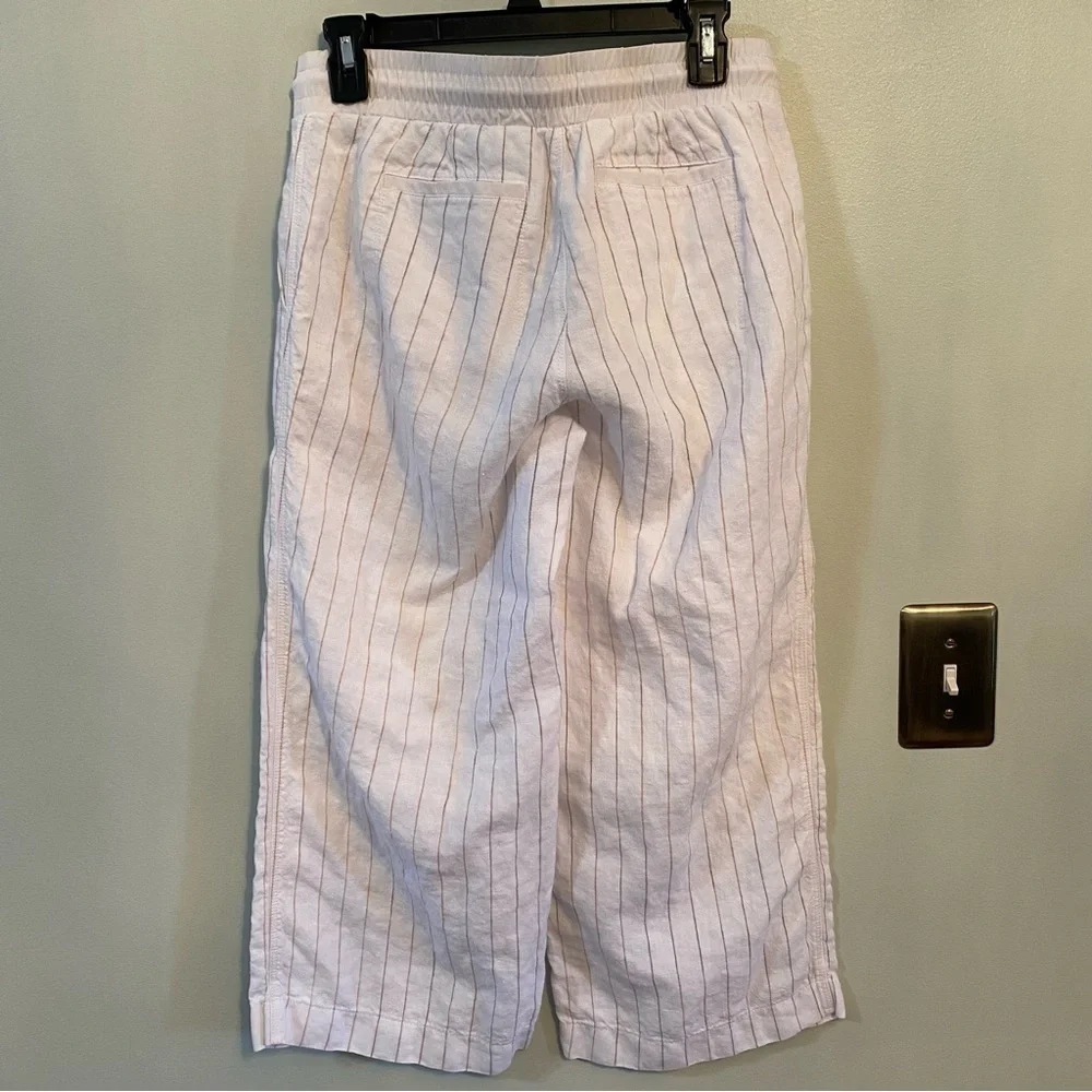 Athleta Linen striped white wide leg drawstring cropped  pant size 6